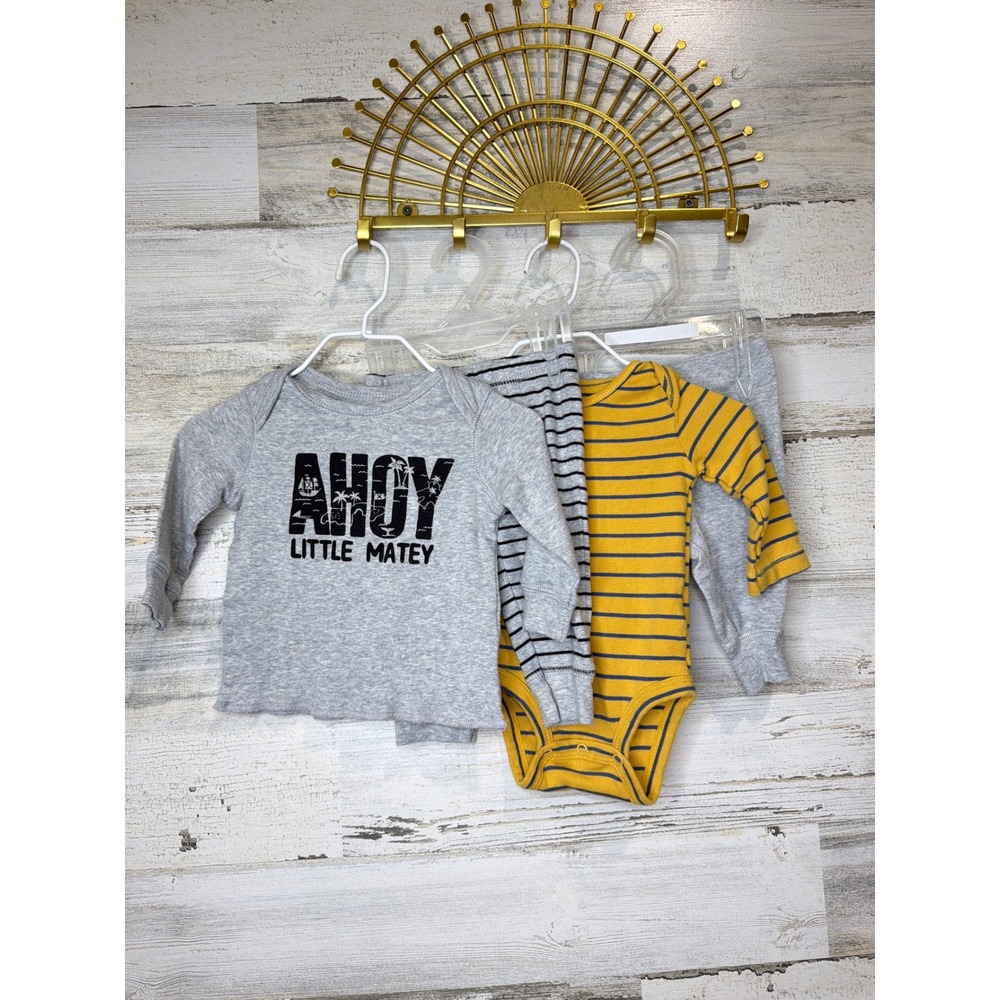 Carter's 4pc Outfit Set Boys 3 Months Gray Yellow Striped Nautical Coastal EUC - Picture 1 of 3